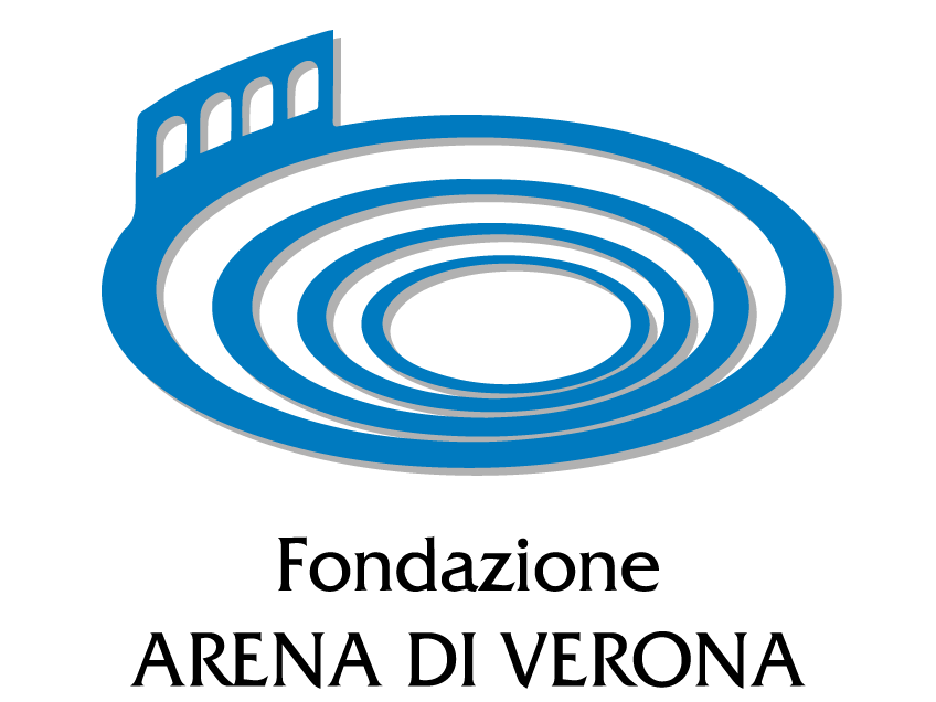 Logo of the Fondazione Arena di Verona. It is a stylized representation of the arena formed by four blue ellipses on a light background. The outer ellipse is the largest and the inner, the smallest.  At the top left, the so-called Ala sits on the largest ellipse. With its four arches, it is what is left of the outer wall.   Beneath the arena appears the writing, FONDAZIONE ARENA DI VERONA.